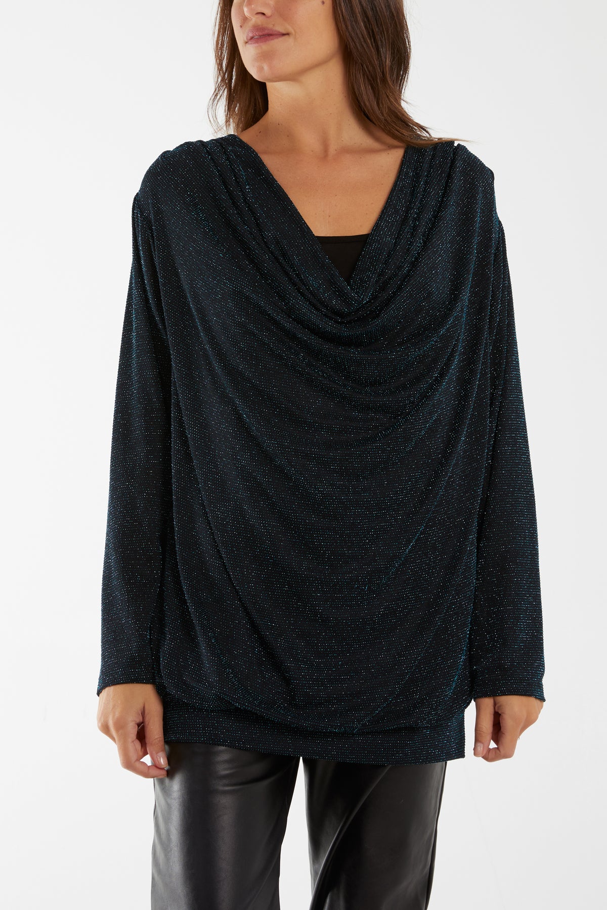 Glitzy Draped Cowl Neck Top
