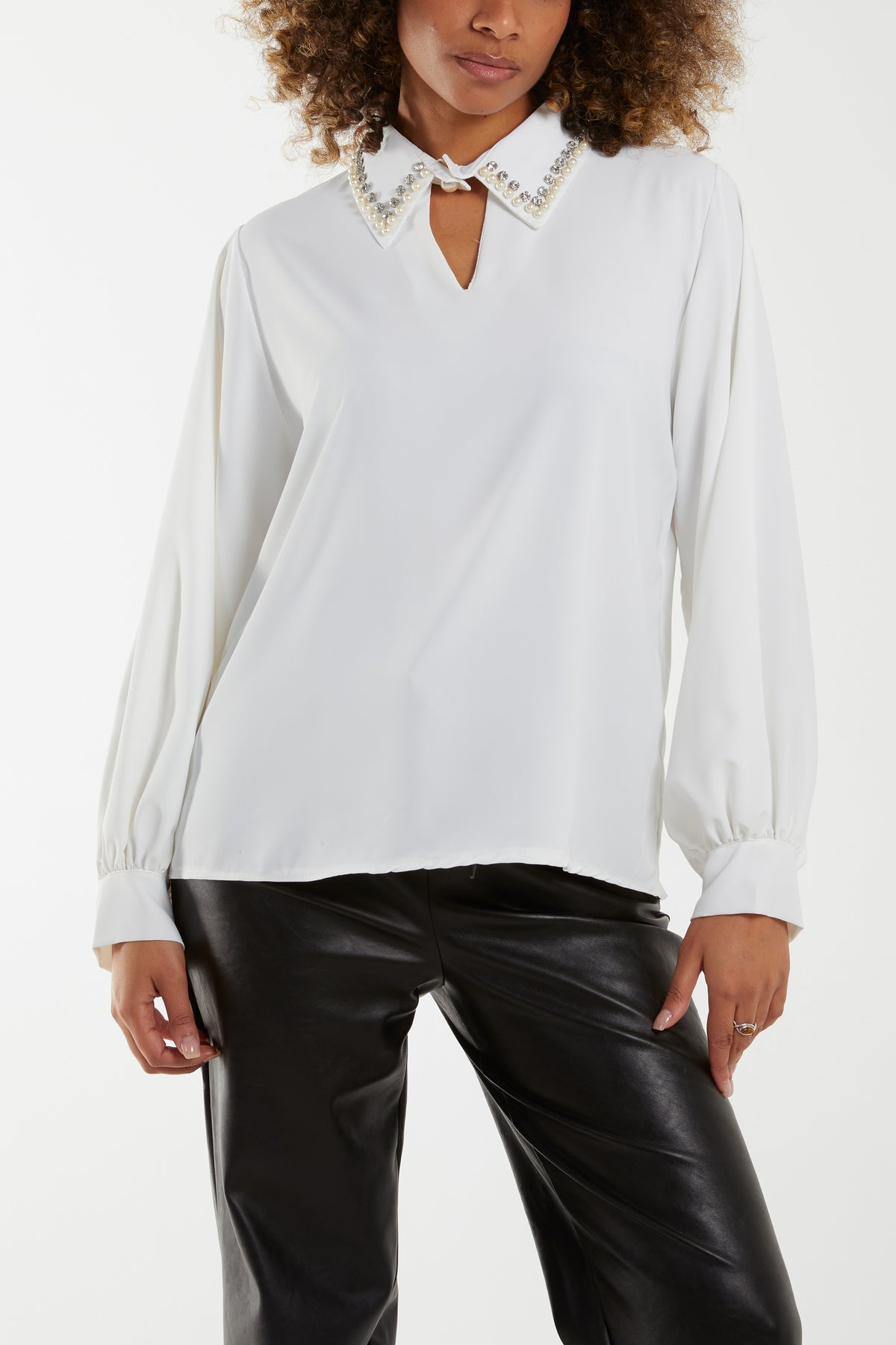 Pearl Diamante Keyhole Collar Blouse