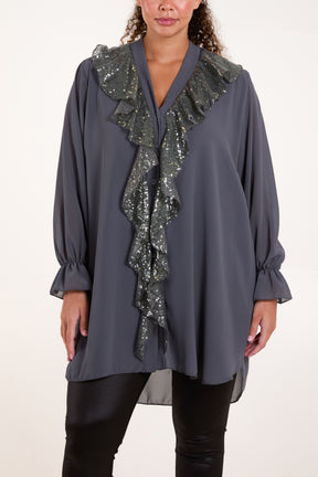 Sequins Front Frill Blouse