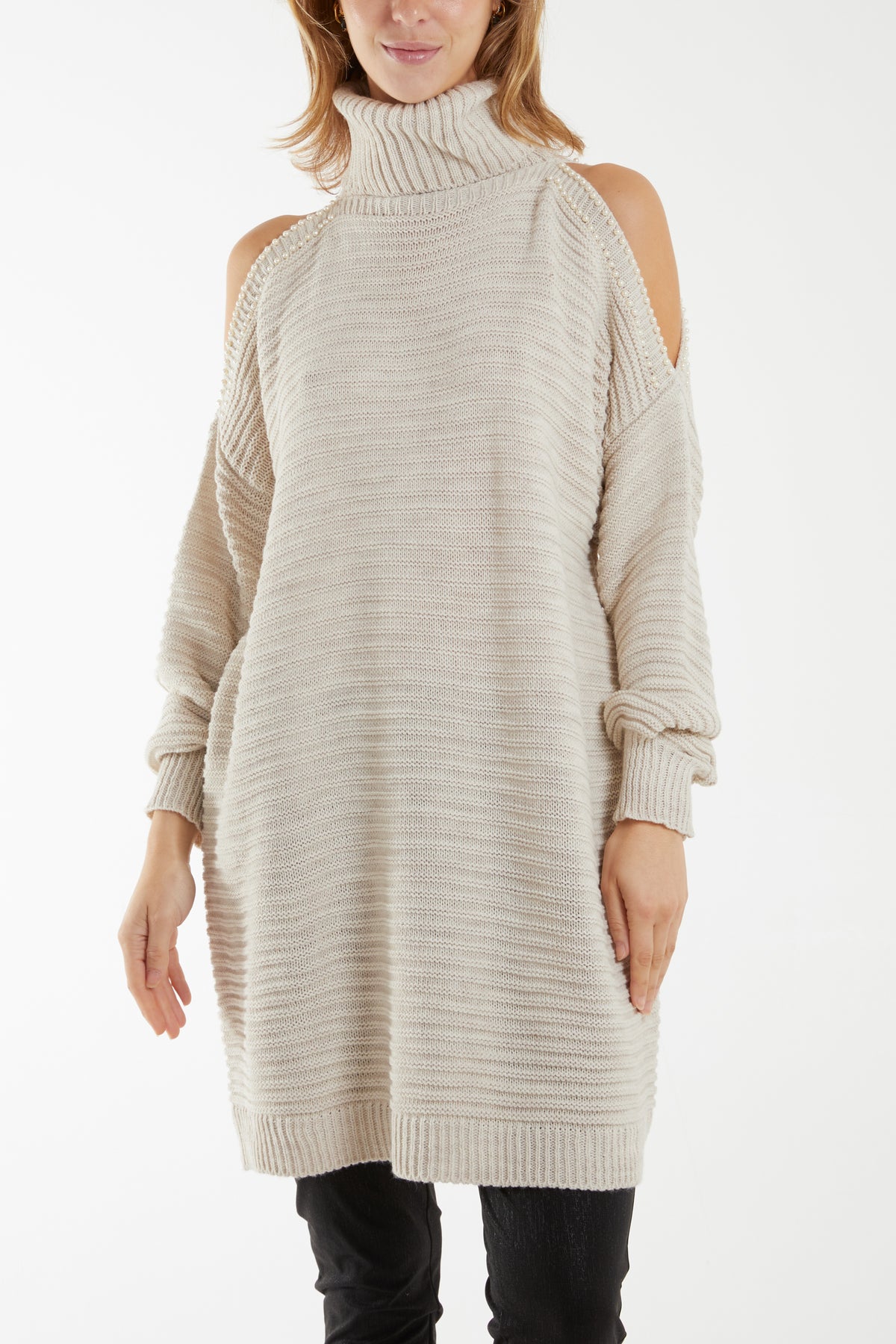 Roll Neck Cold Shoulder Knitted Dress
