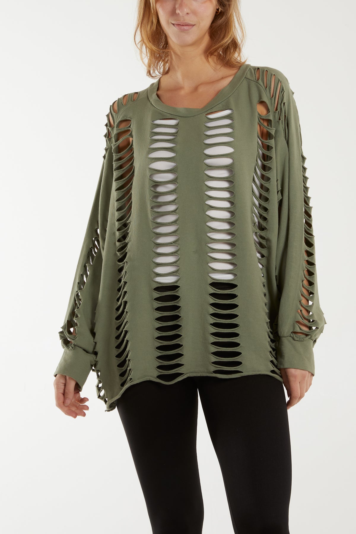 Distressed Cut Out Batwing Long Sleeve Top