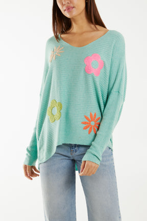 Wool Blend Floral Ribbed Knit Jumper