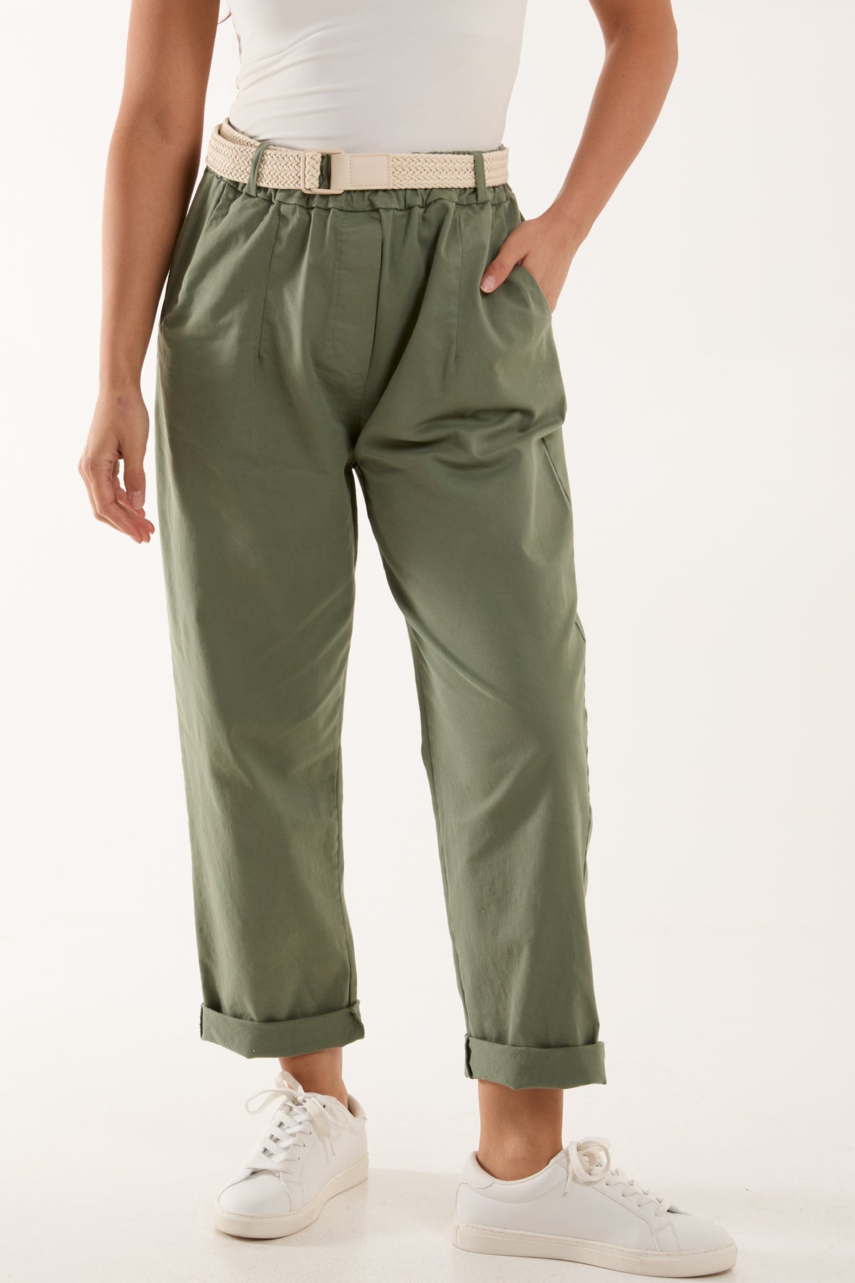 Belted High Waisted Cotton Drill Chinos