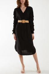 Ruffle Sleeve Pelted Midi Dress