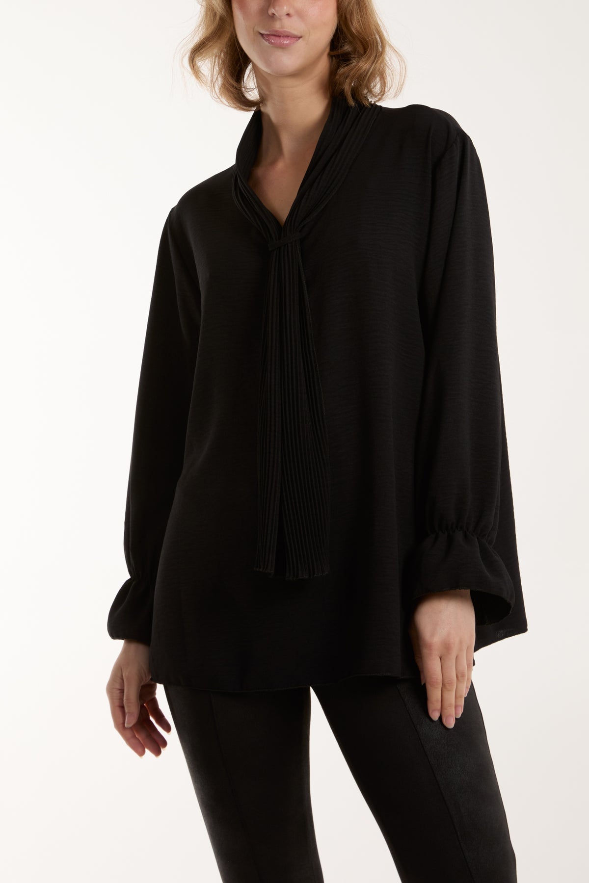 Pleated Tie Neck Bell Sleeve Blouse