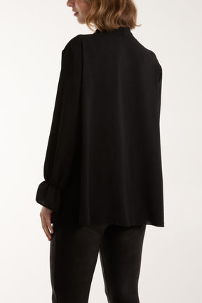 Pleated Tie Neck Bell Sleeve Blouse