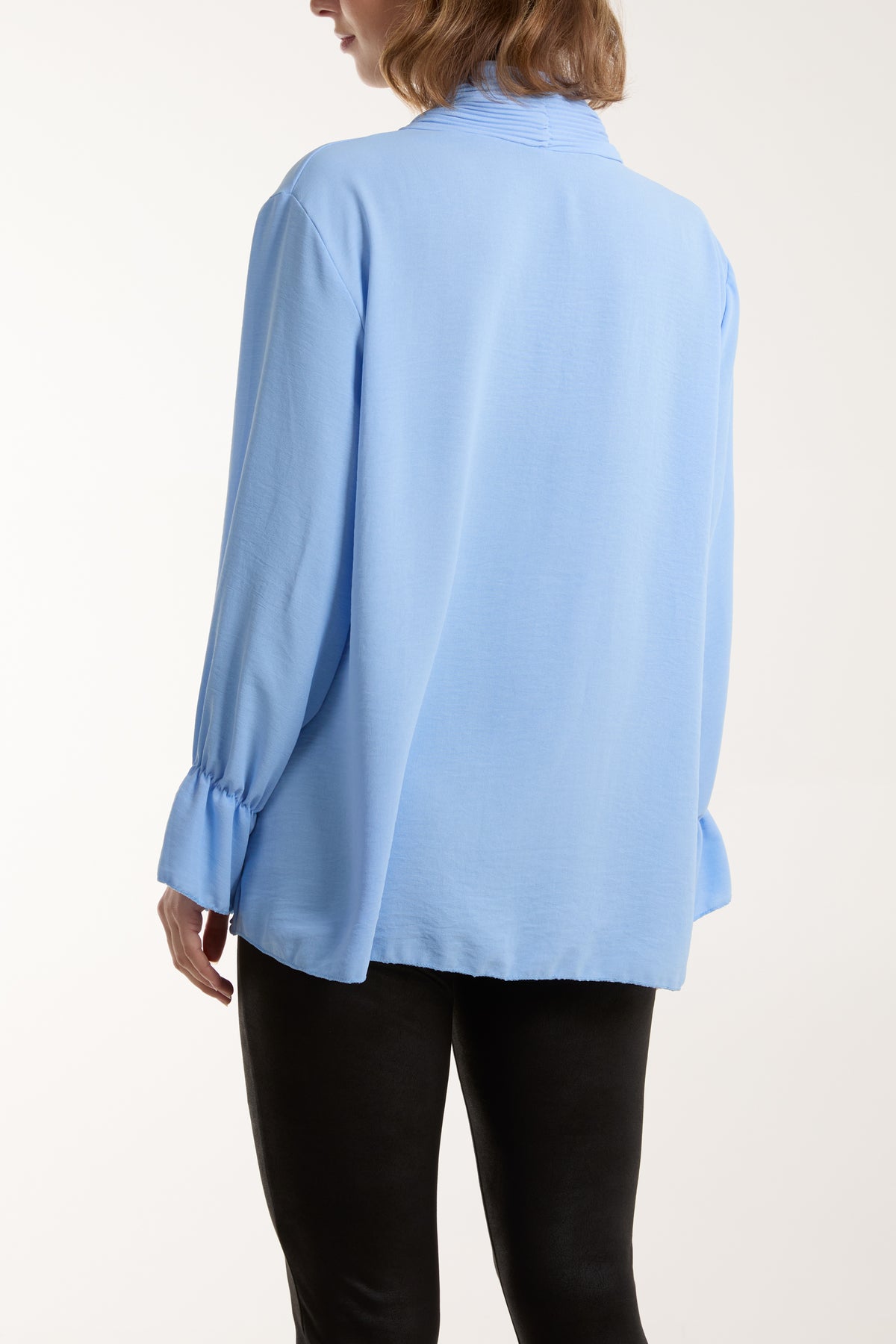 Pleated Tie Neck Bell Sleeve Blouse