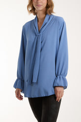 Pleated Tie Neck Bell Sleeve Blouse