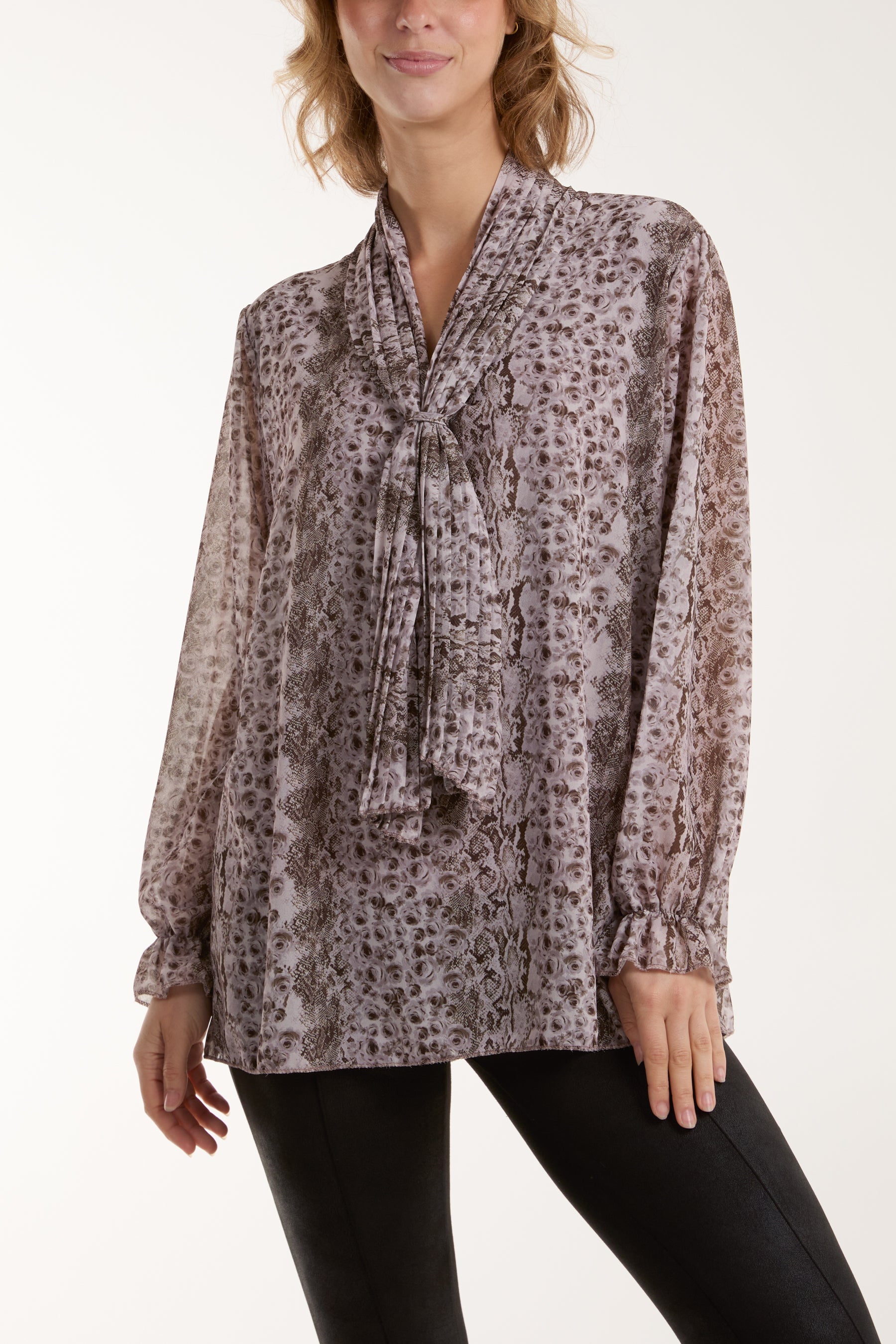 Pleated Tie Neck Sheer Floral Blouse