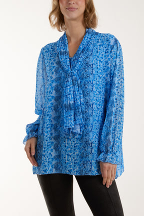 Pleated Tie Neck Sheer Floral Blouse