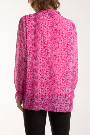 Pleated Tie Neck Sheer Floral Blouse