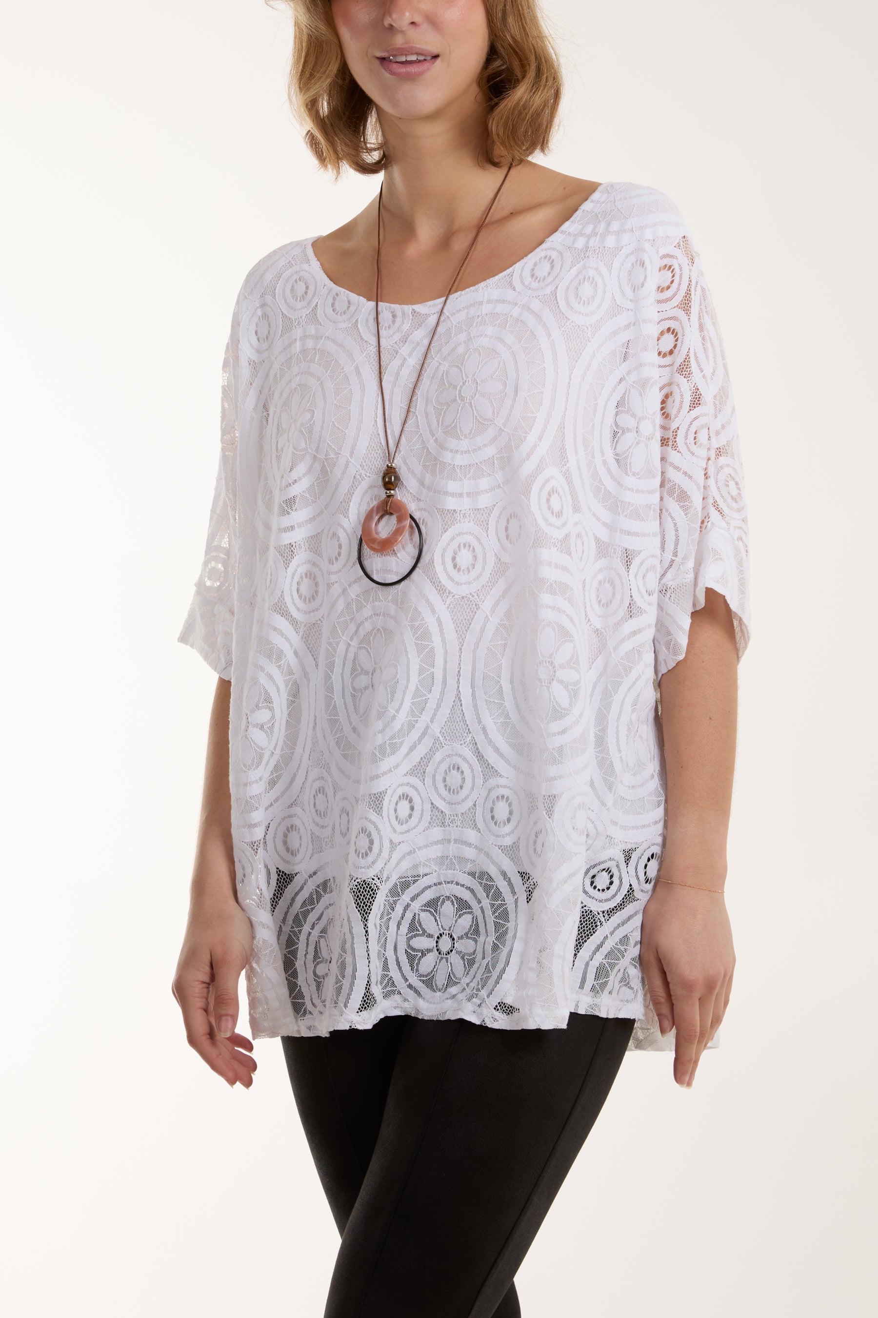 Necklace Short Sleeve Floral Lace Top