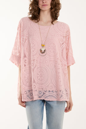 Necklace Short Sleeve Floral Lace Top