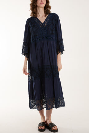 Lace Smock Tiered Midi Dress