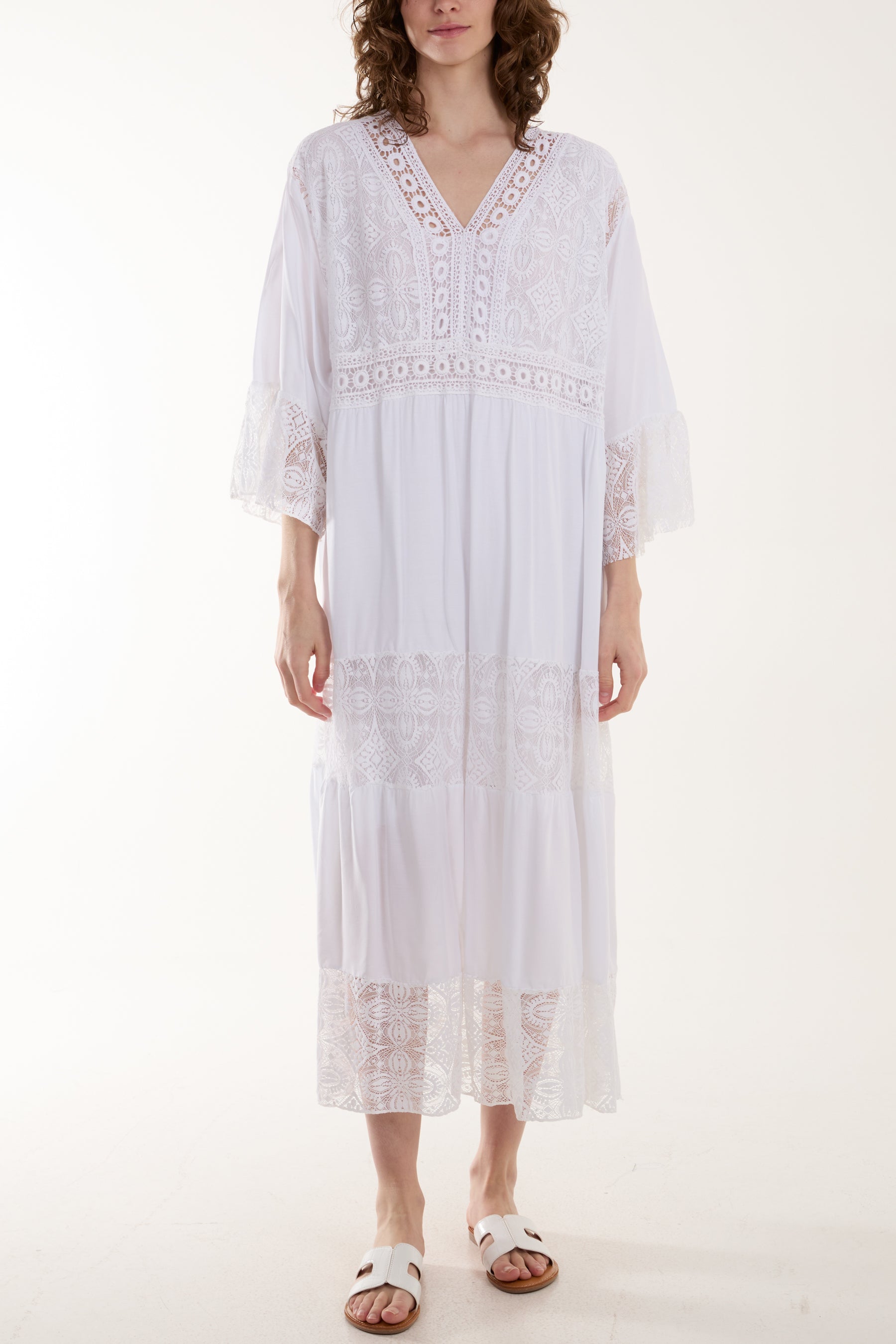 Lace Smock Tiered Midi Dress