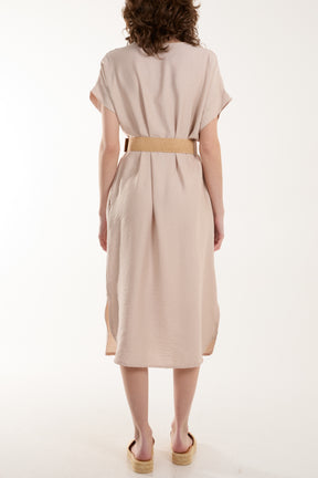 Belted V-Neck Short Sleeve Midi Dress