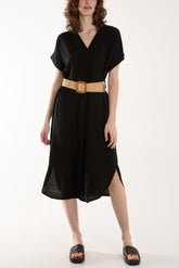 Belted V-Neck Short Sleeve Midi Dress