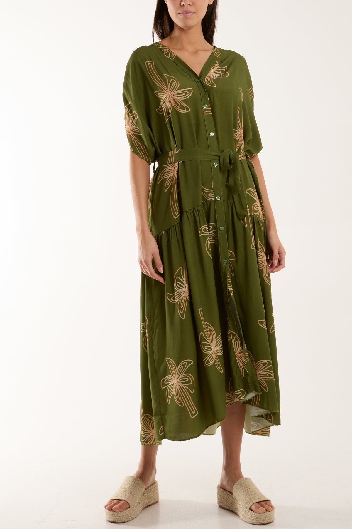 Palm Tree Belted Tiered Midi Dress