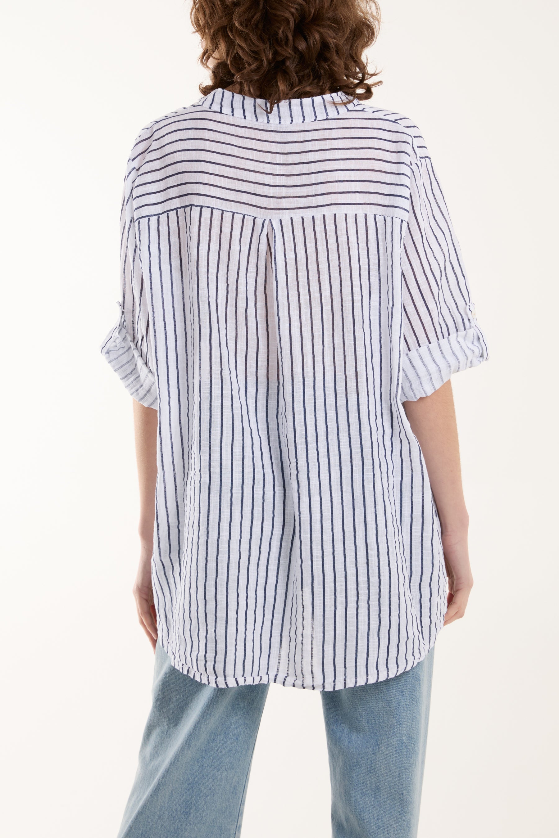 Cotton Striped Grandad Collar Shirt