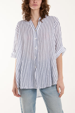 Cotton Striped Grandad Collar Shirt