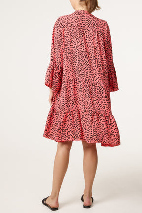 Leopard Print Long Sleeve Tiered Mini Dr