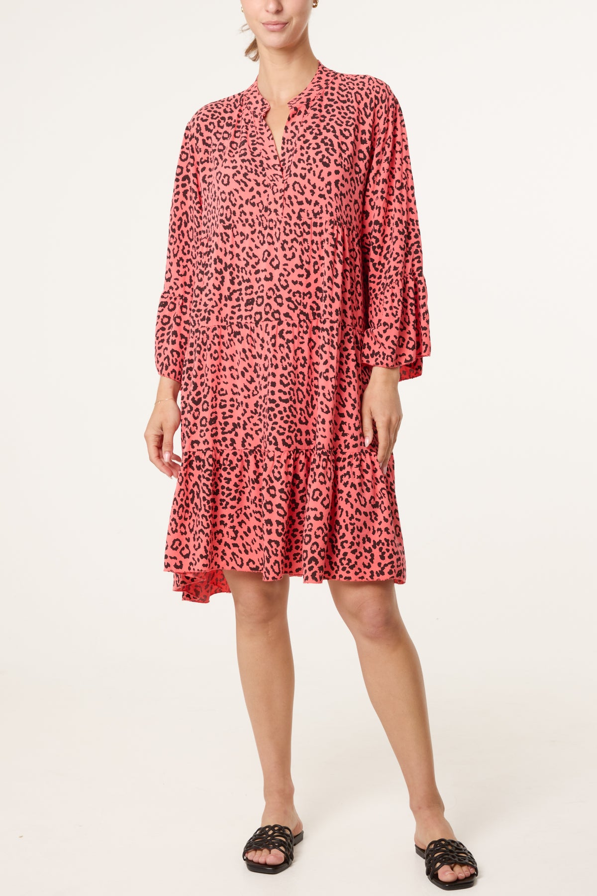 Leopard Print Long Sleeve Tiered Mini Dr