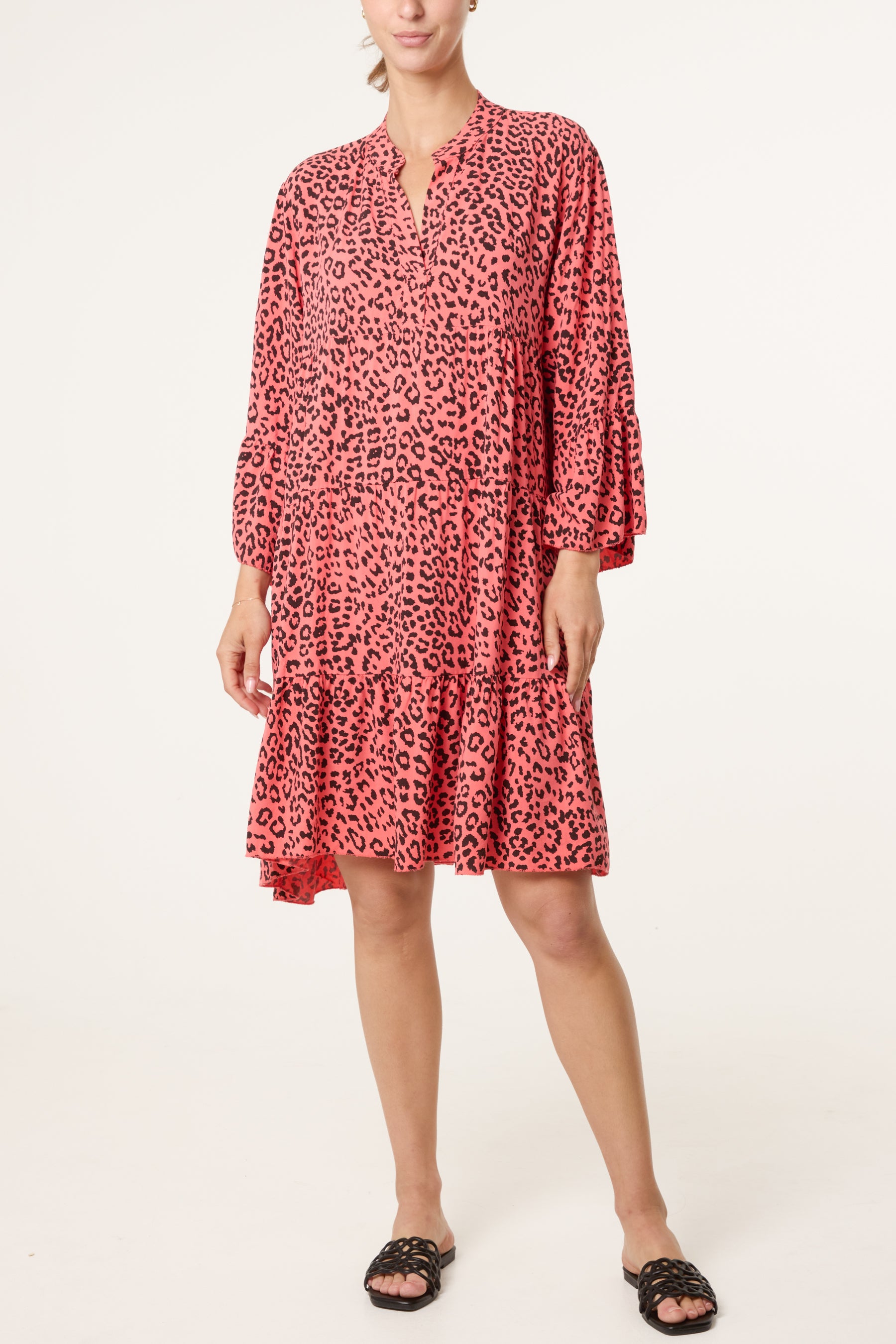 Leopard Print Long Sleeve Tiered Mini Dr