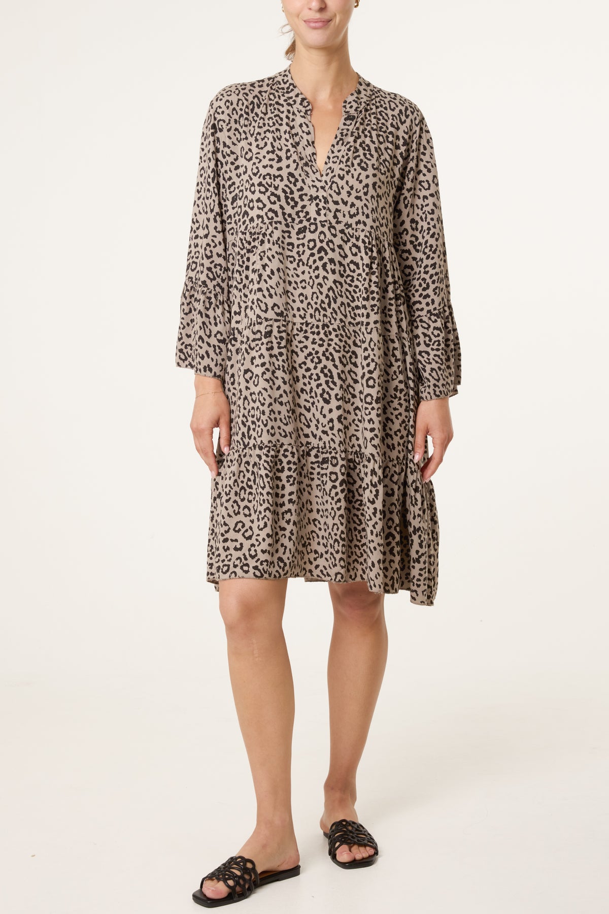 Leopard Print Long Sleeve Tiered Mini Dr