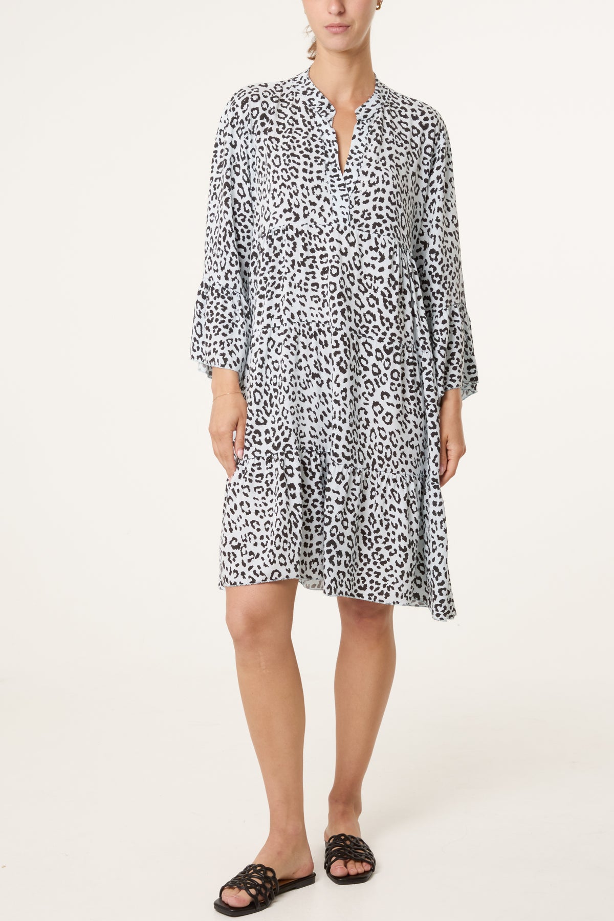 Leopard Print Long Sleeve Tiered Mini Dr