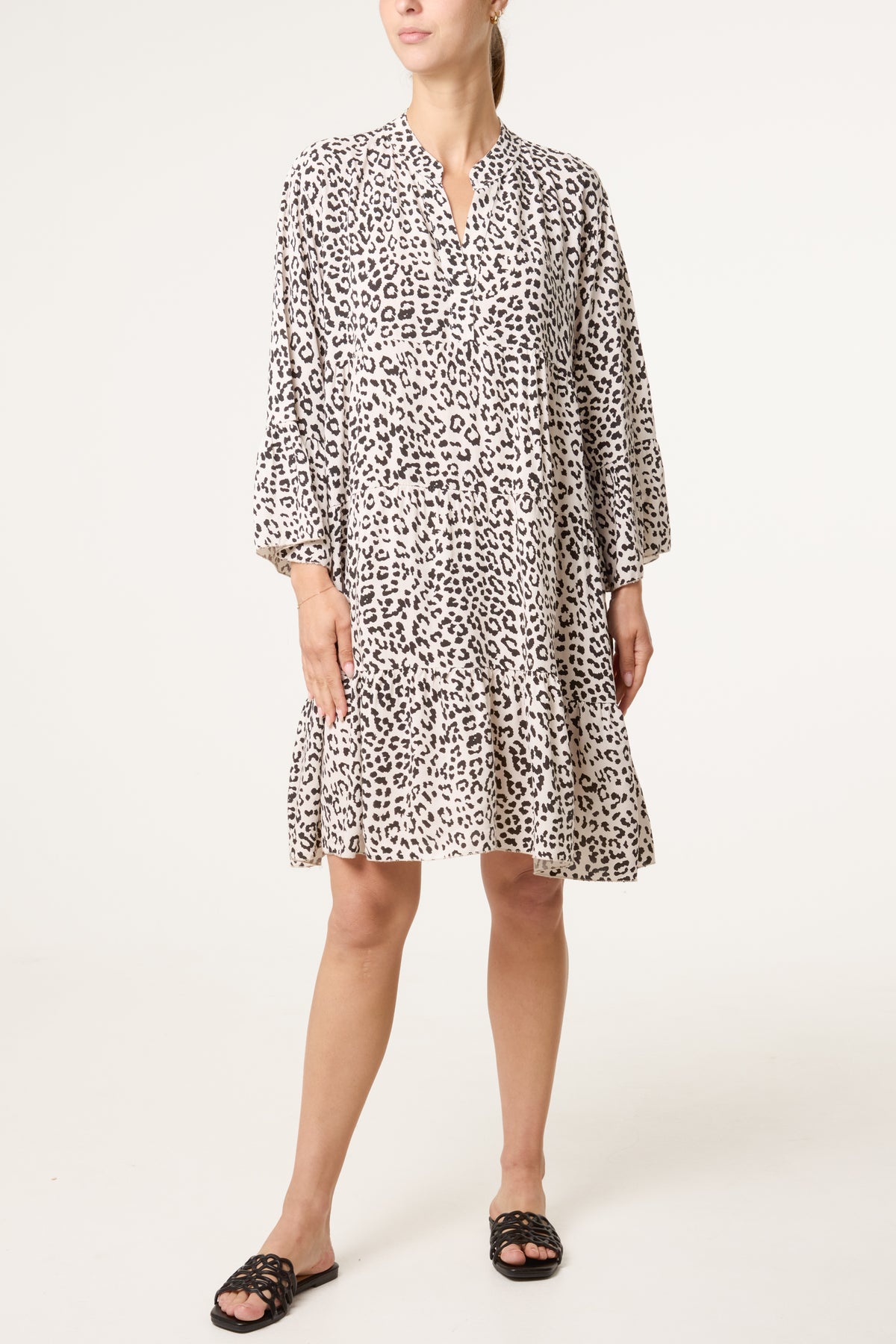 Leopard Print Long Sleeve Tiered Mini Dr