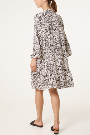 Leopard Print Long Sleeve Tiered Mini Dr