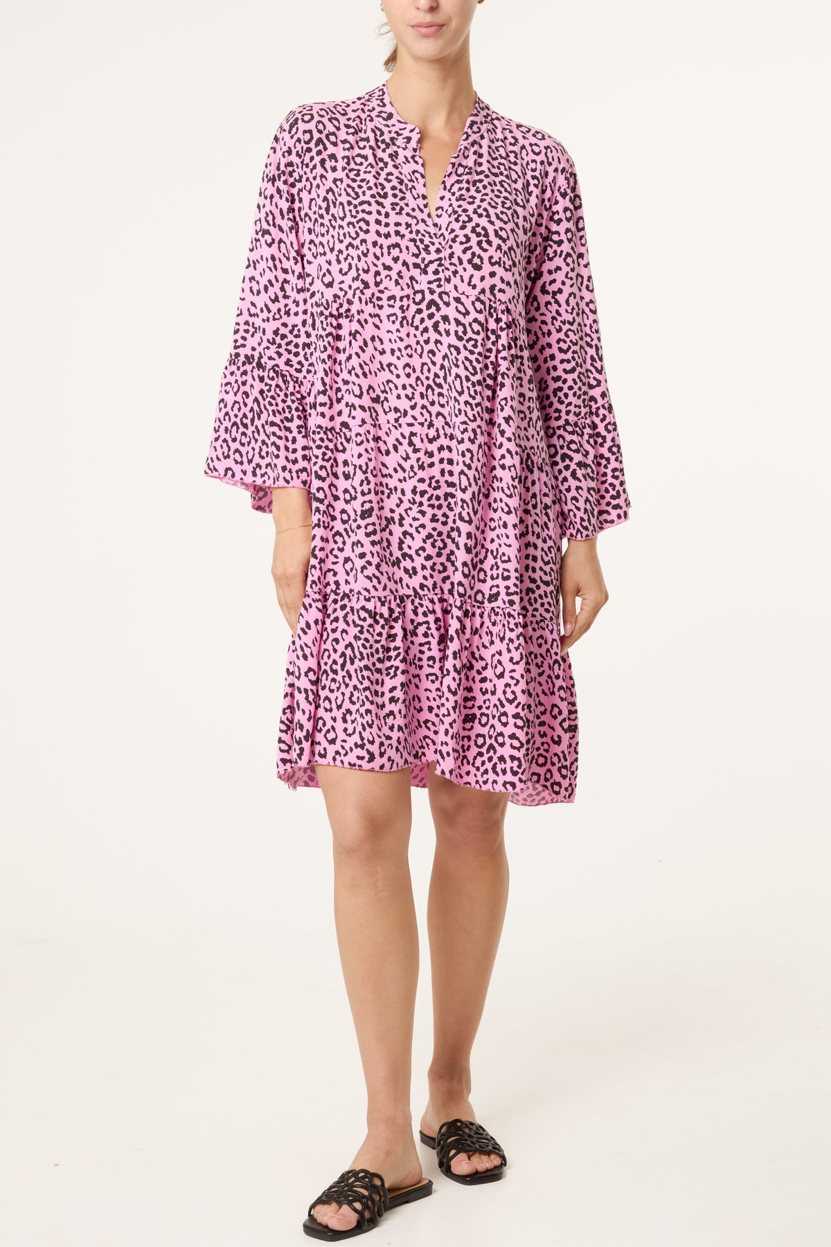 Leopard Print Long Sleeve Tiered Mini Dr