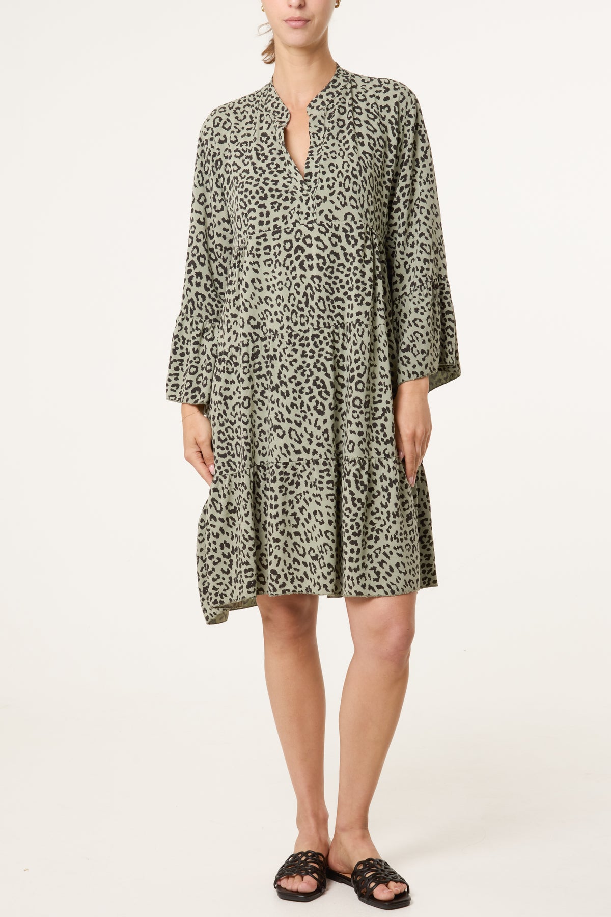 Leopard Print Long Sleeve Tiered Mini Dr