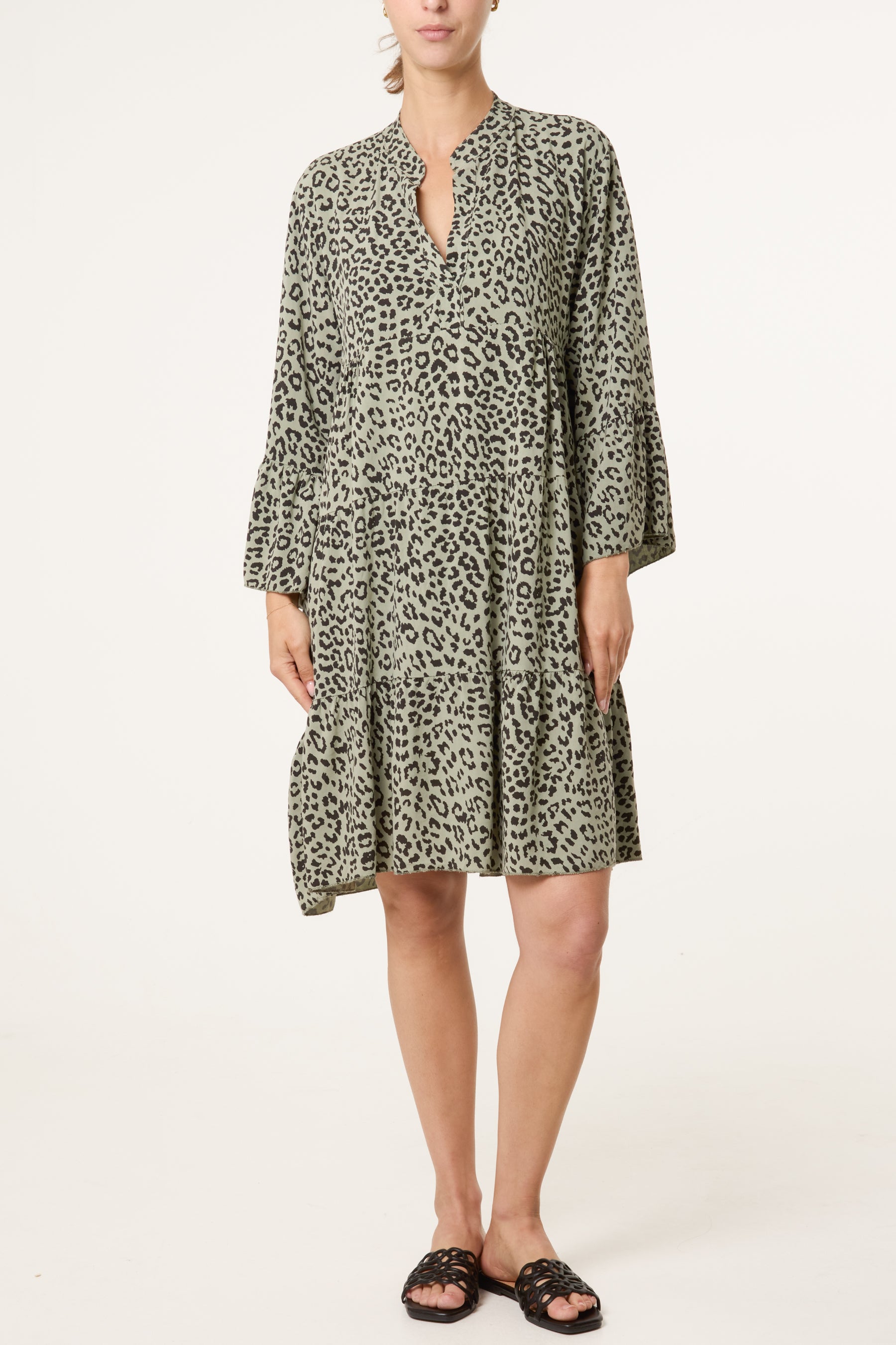 Leopard Print Long Sleeve Tiered Mini Dr