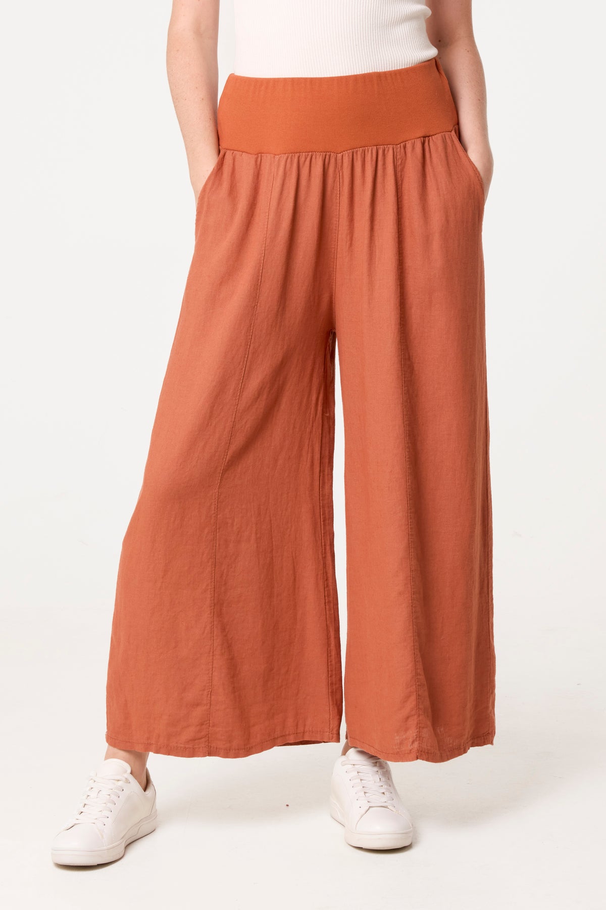 Linen Blend Wide Leg Waistband Trousers