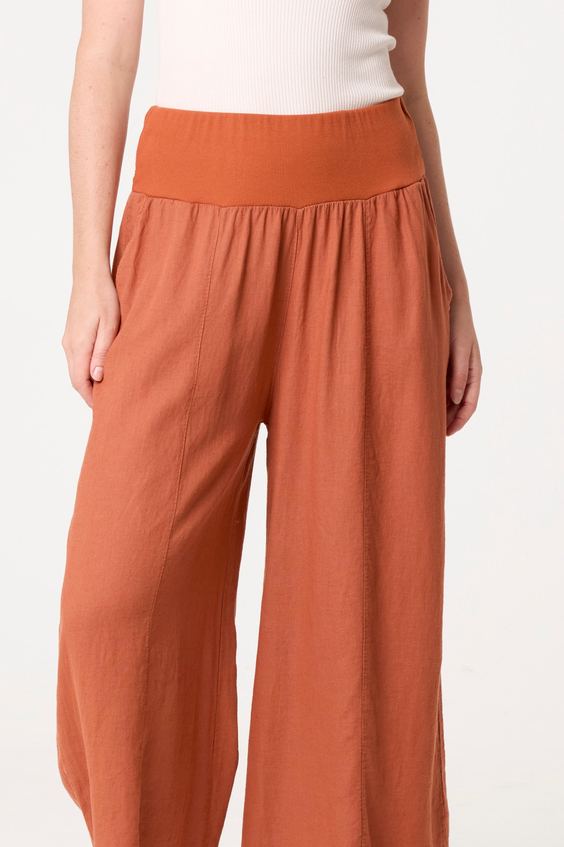 Linen Blend Wide Leg Waistband Trousers
