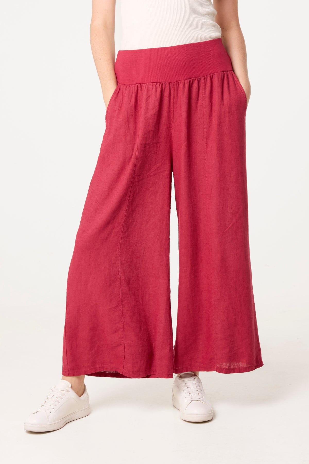 Linen Blend Wide Leg Waistband Trousers