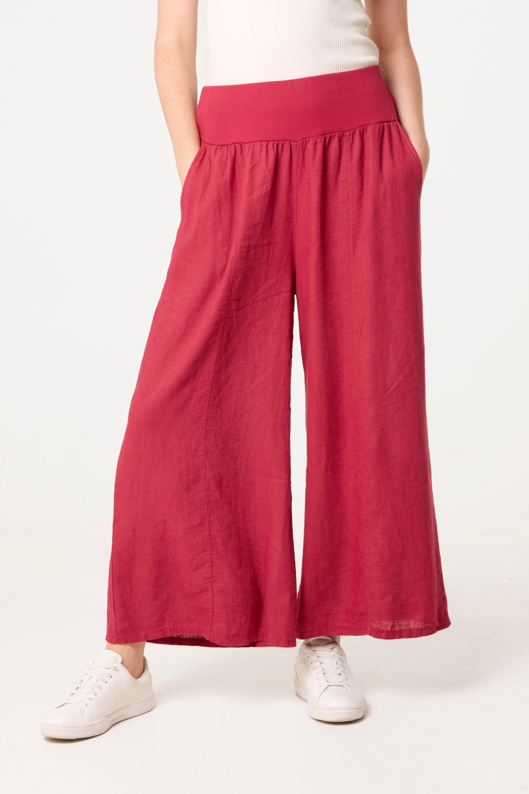 Linen Blend Wide Leg Waistband Trousers