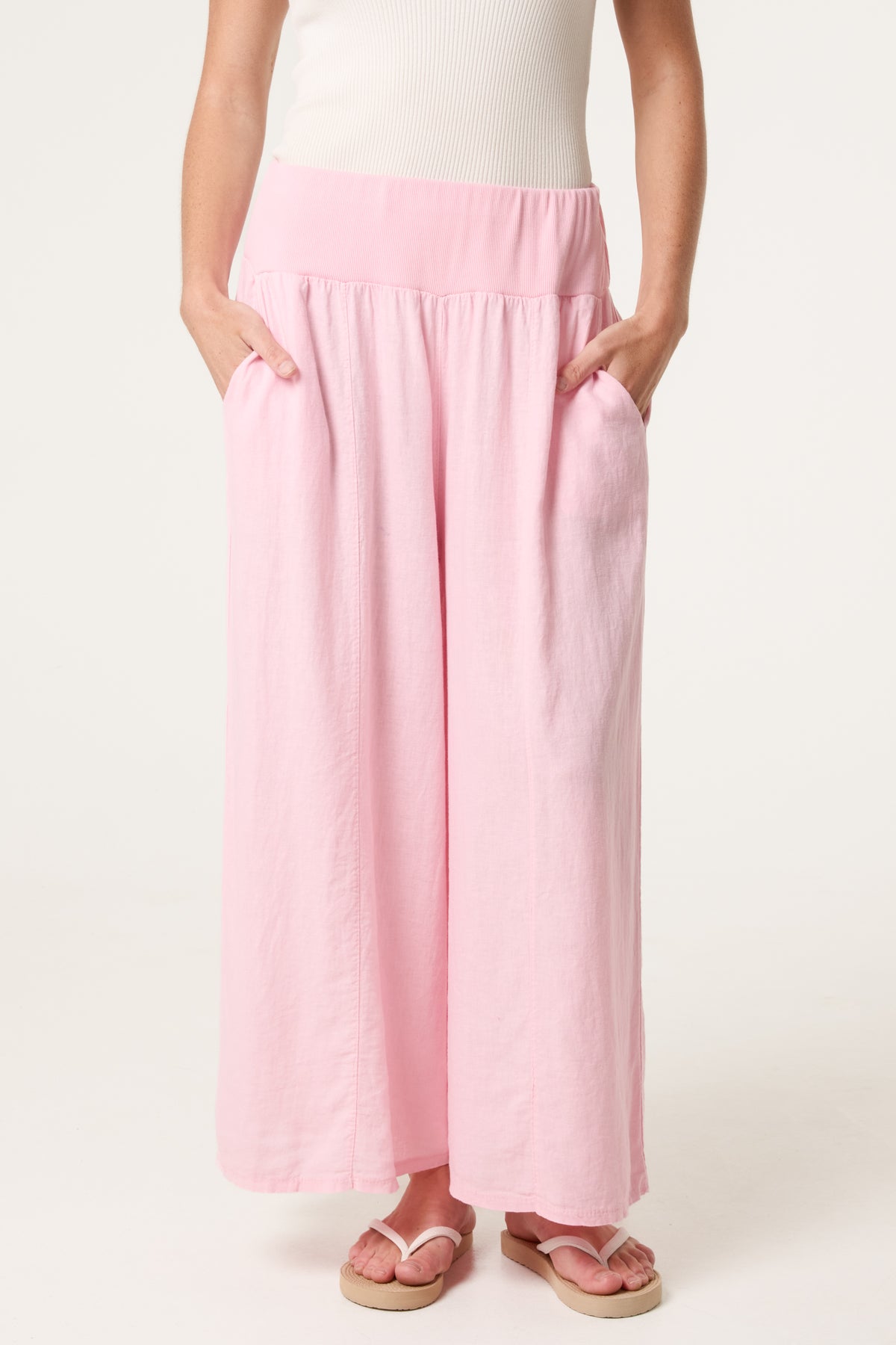 Linen Blend Wide Leg Waistband Trousers