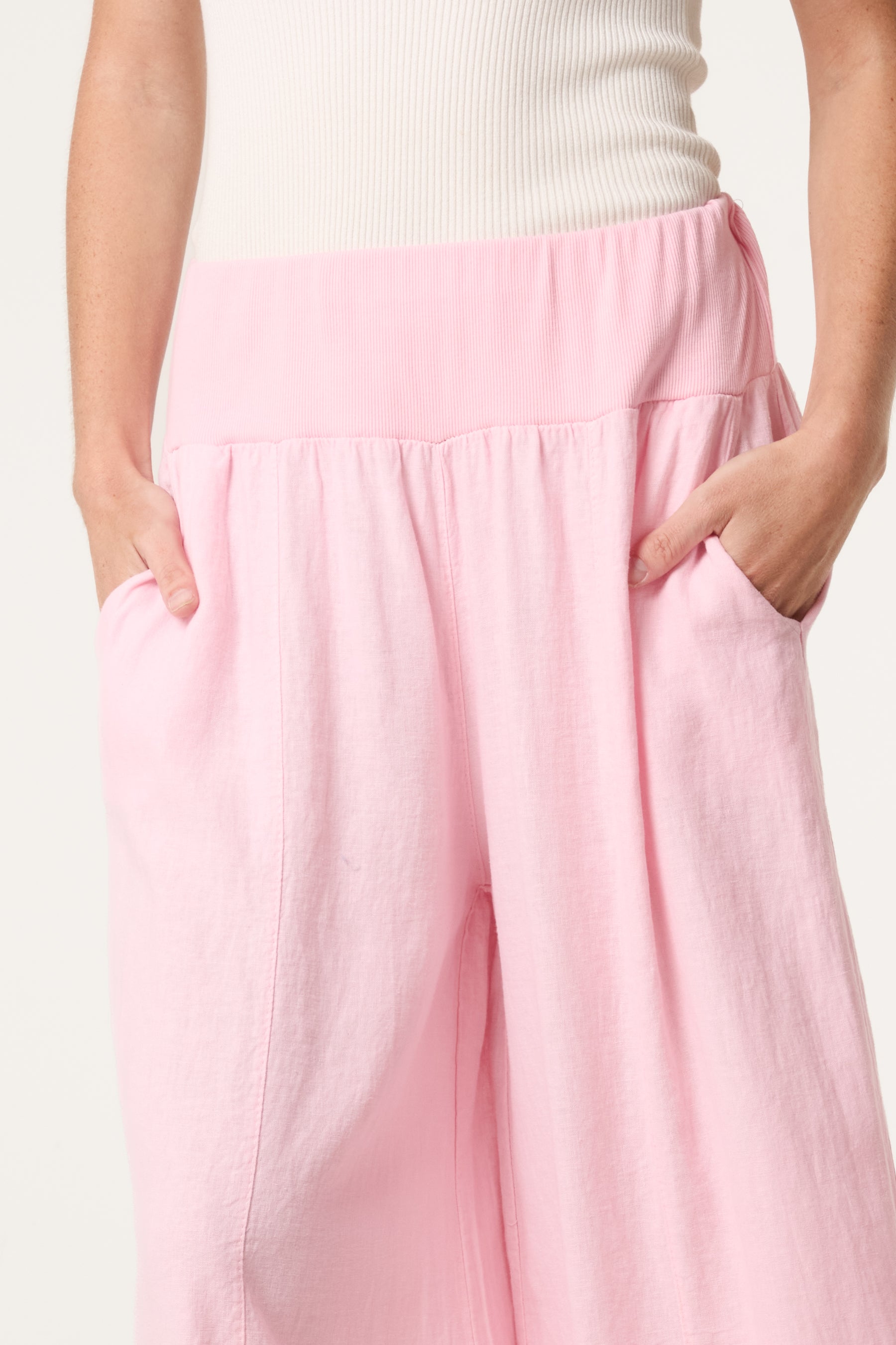 Linen Blend Wide Leg Waistband Trousers