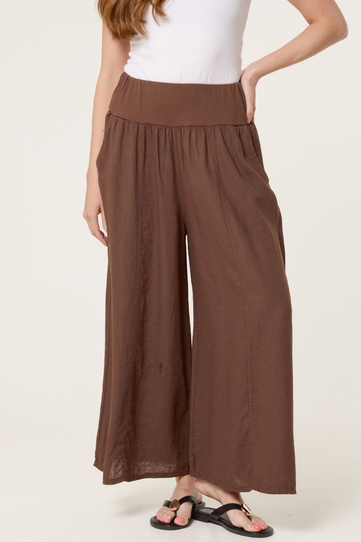 Linen Blend Wide Leg Waistband Trousers