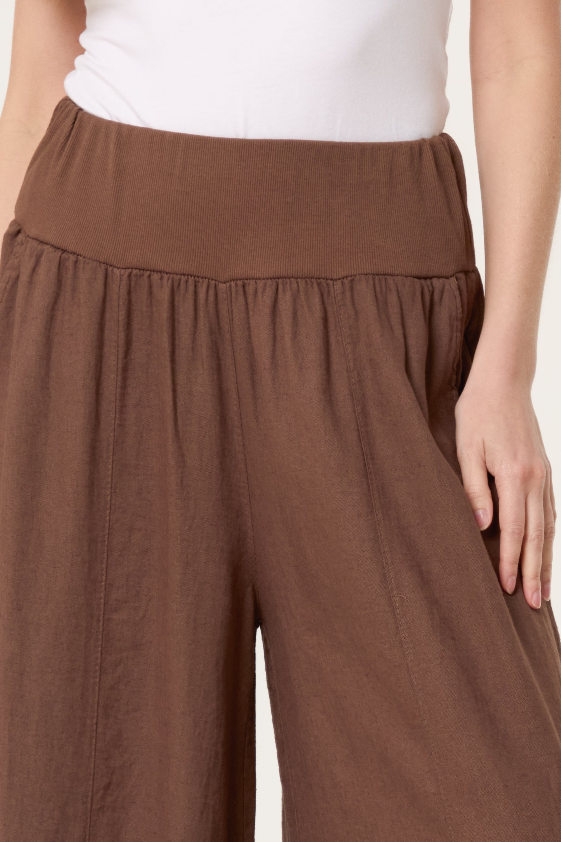 Linen Blend Wide Leg Waistband Trousers