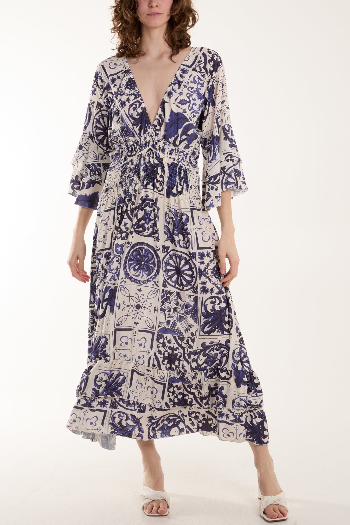Tile Print Shirred Bodice Midi Dress