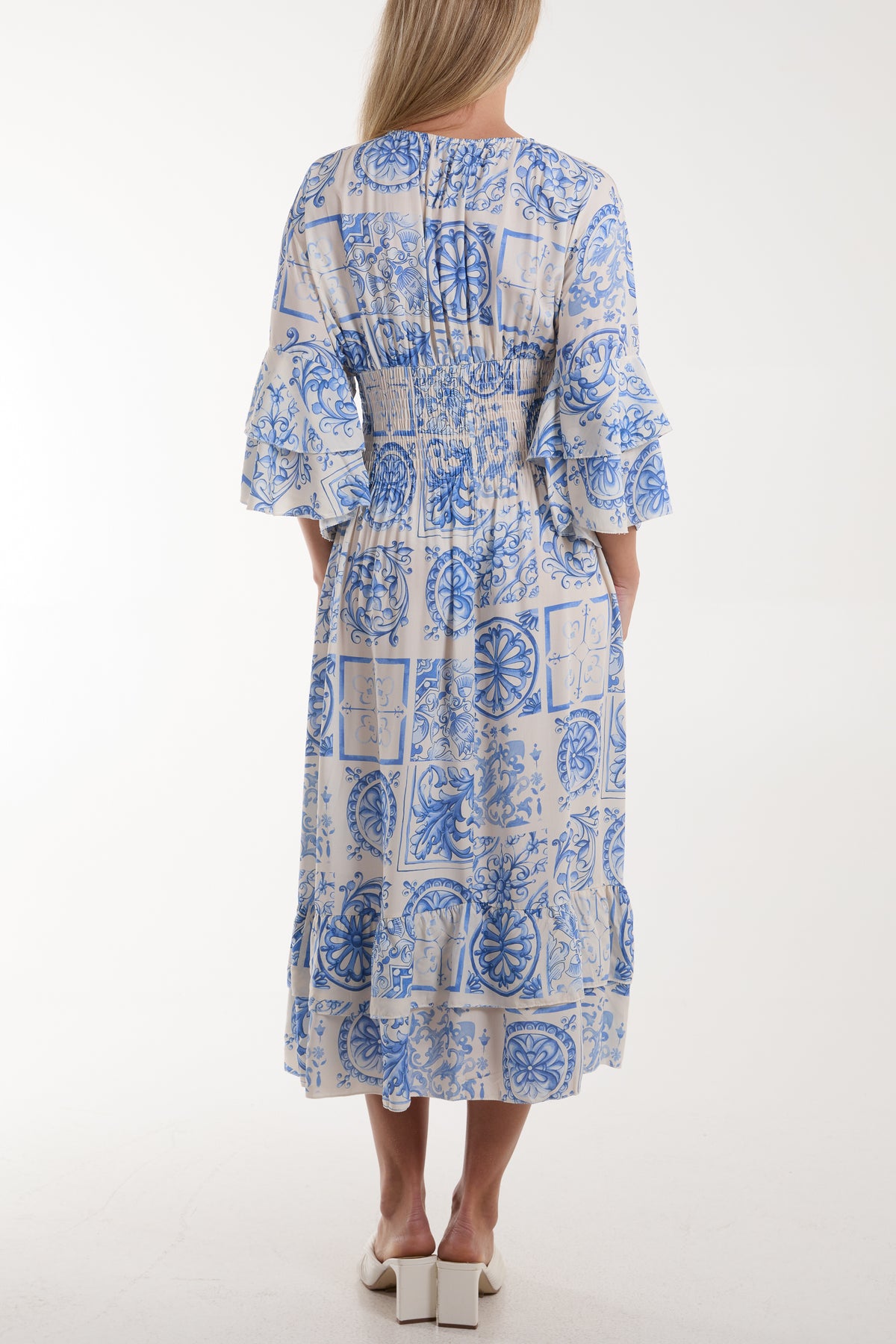 Tile Print Shirred Bodice Midi Dress