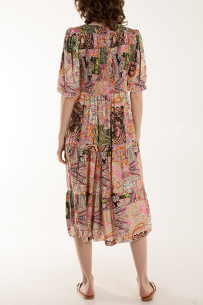 Paisley Patchwork Shirred Bodice Midi Dress