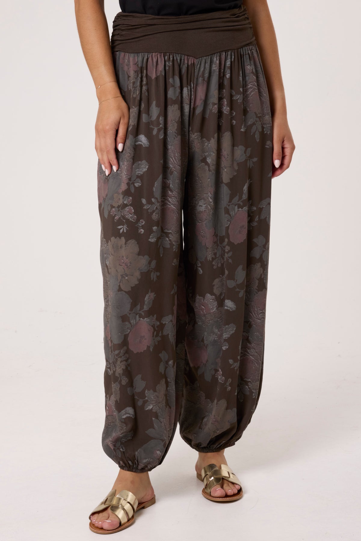 Roses Contrast Waist Harem Trousers