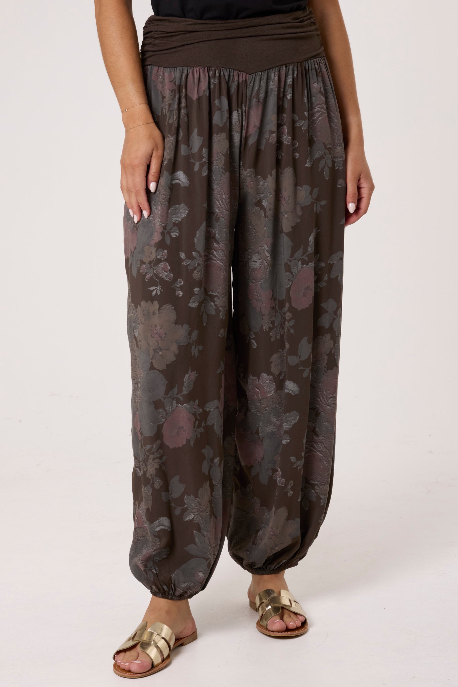 Roses Contrast Waist Harem Trousers