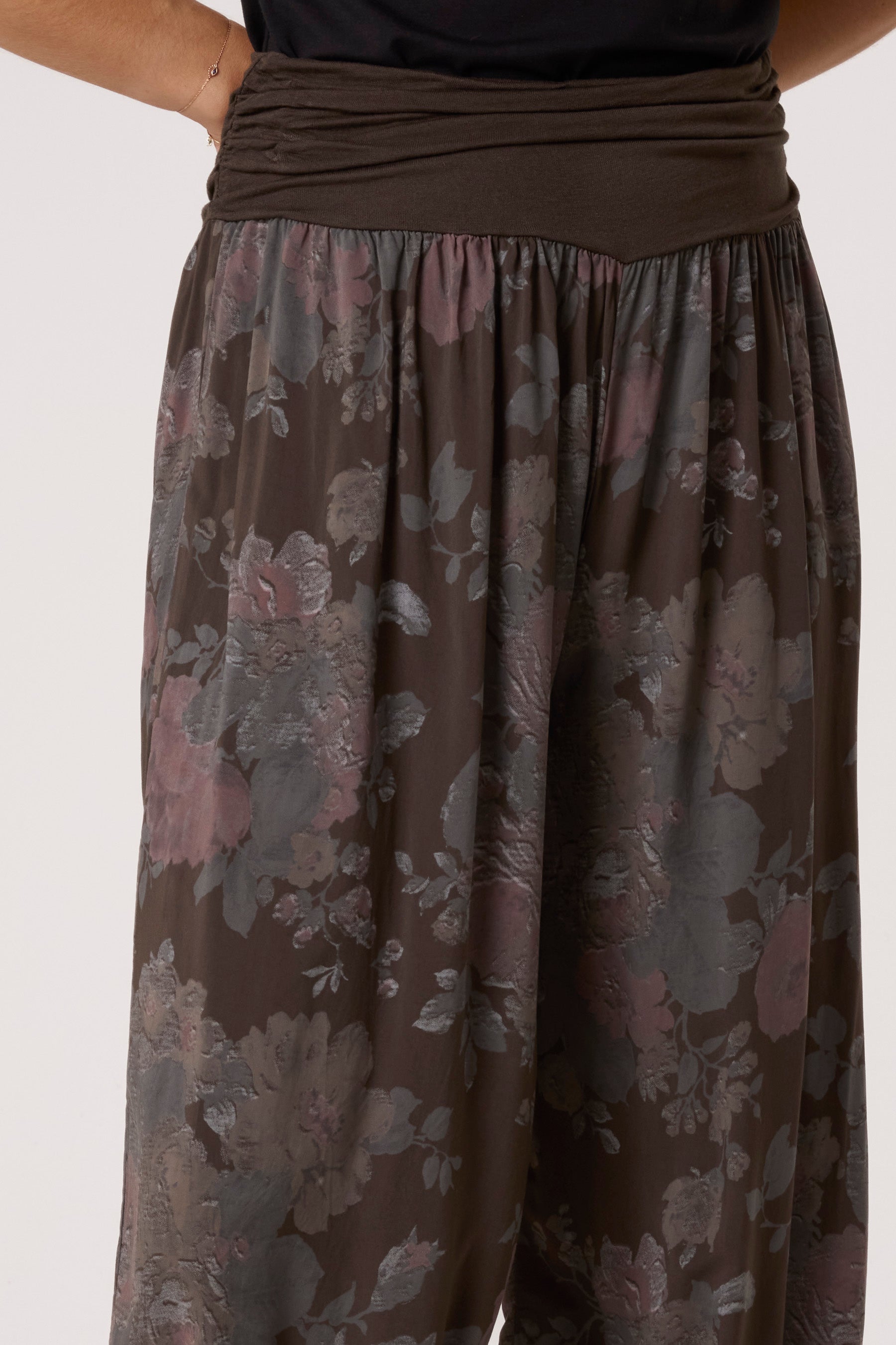 Roses Contrast Waist Harem Trousers