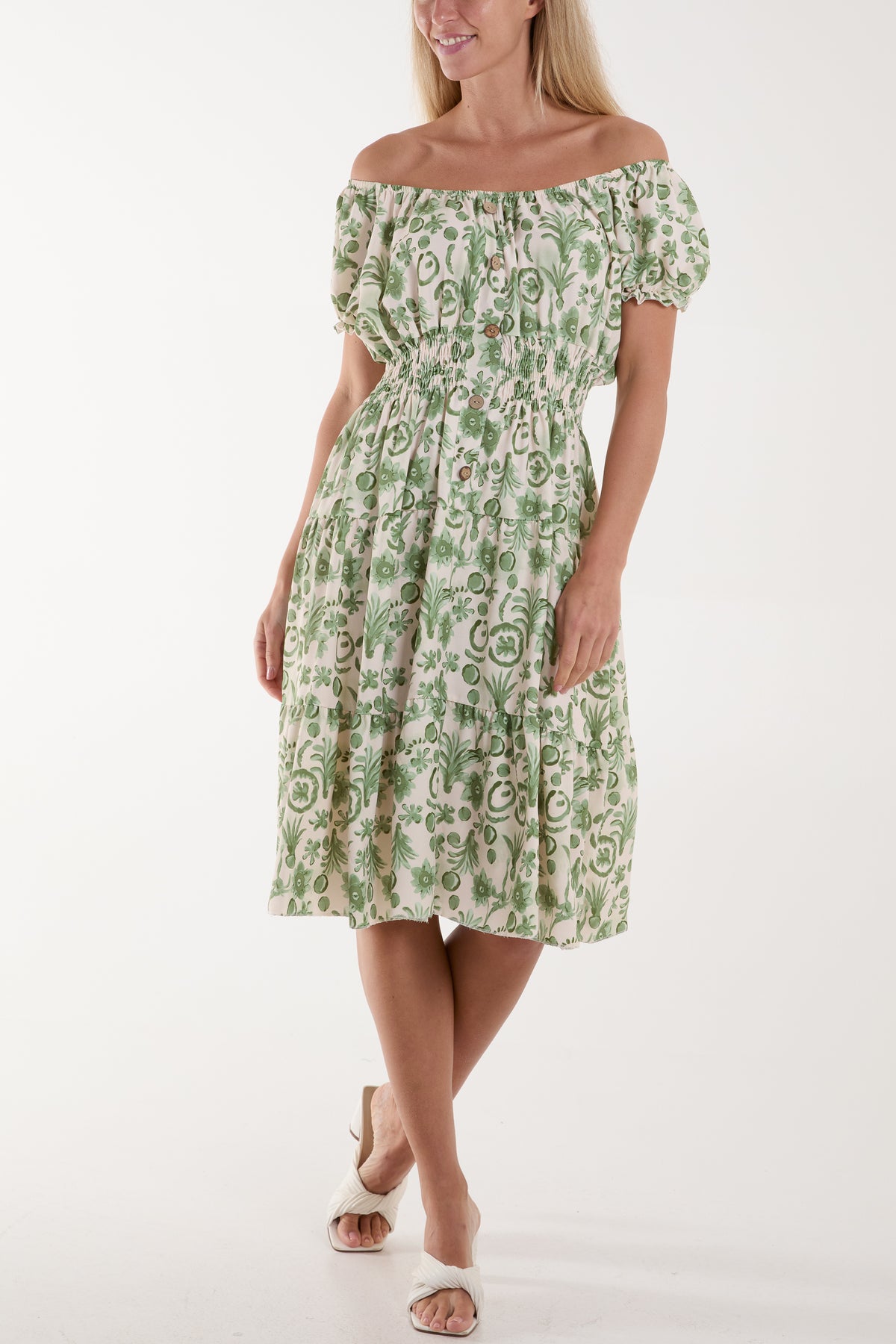 Floral Bardot Shirred Waist Midi Dress