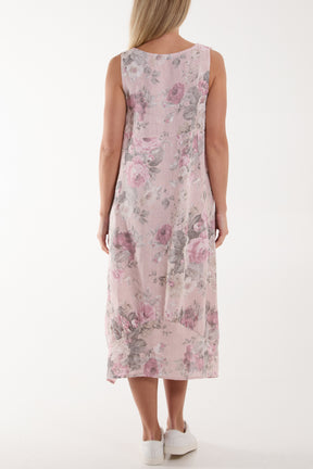 Flower Bouquet Sleeveless Linen Dress